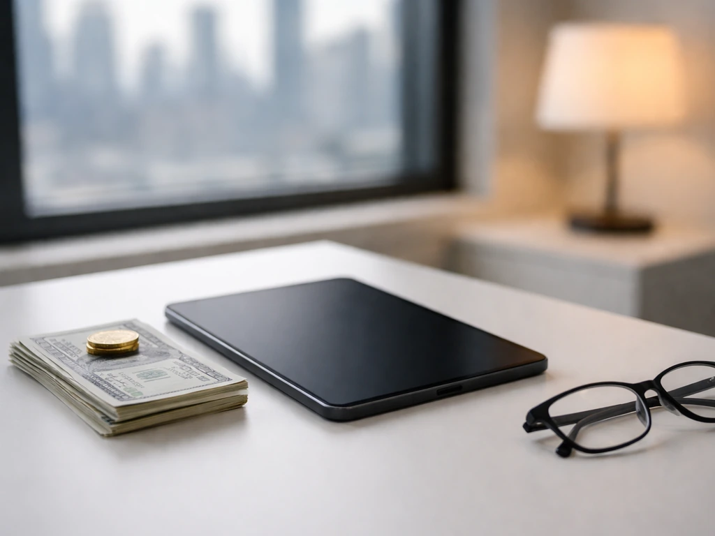 Minimal office desk with a tablet and cash-like props symbolizing net worth estimates