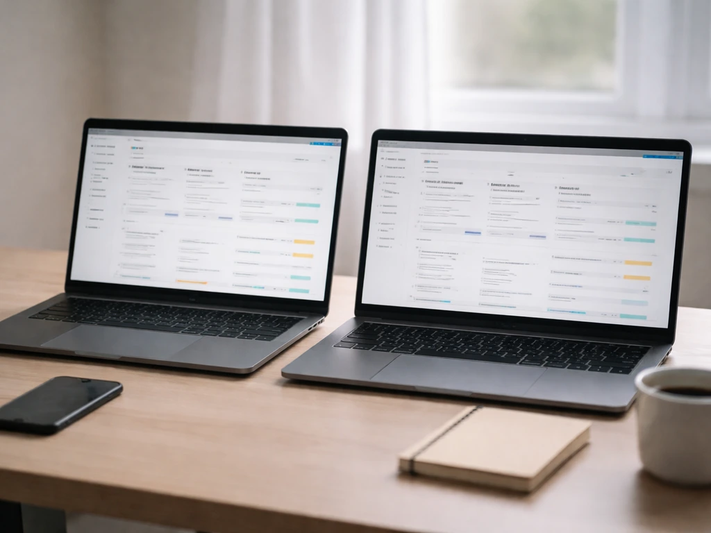 Two side-by-side laptop screens on a desk showing mismatched net-worth-style numbers, no readable text.