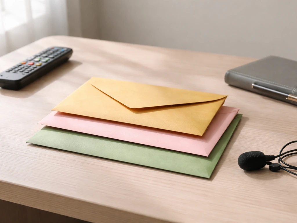 Minimal studio desk with three stacked tiered envelopes and a small microphone, implying reality-TV pay categories.