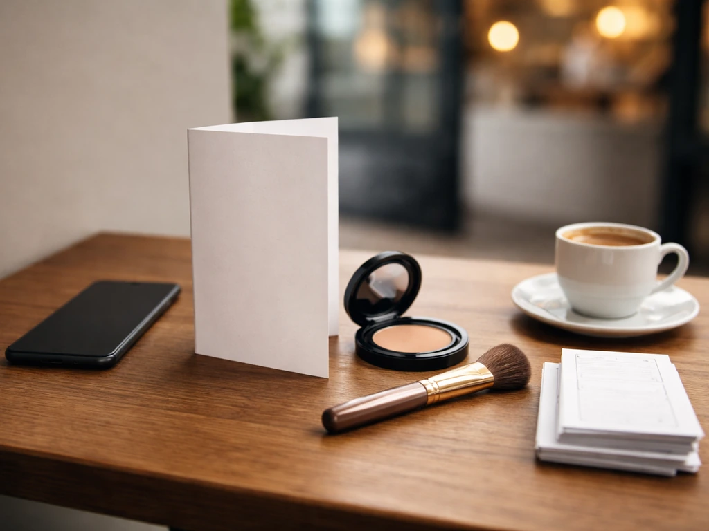 Minimal desk scene with blank menu and beauty items beside receipts, symbolizing restaurants and cosmetics.