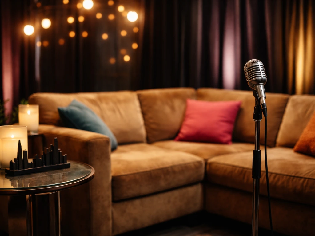 Minimal 2000s TV promo set with a microphone, warm stage lights, and a small skyline ornament.
