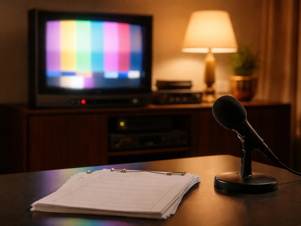 Minimal studio desk scene with CRT glow and a microphone, evoking early VH1 reality TV income era.