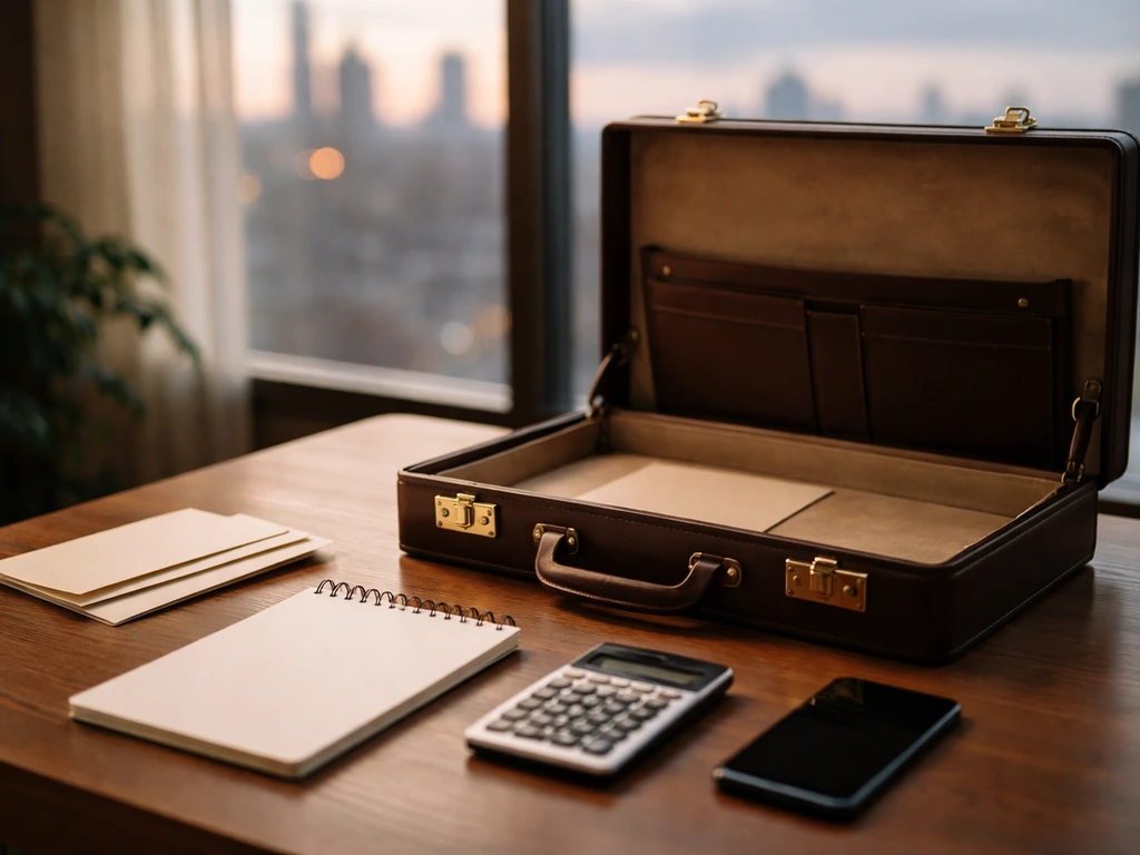 Open briefcase on a desk with calculator and envelopes, symbolizing income streams and estimated ranges.