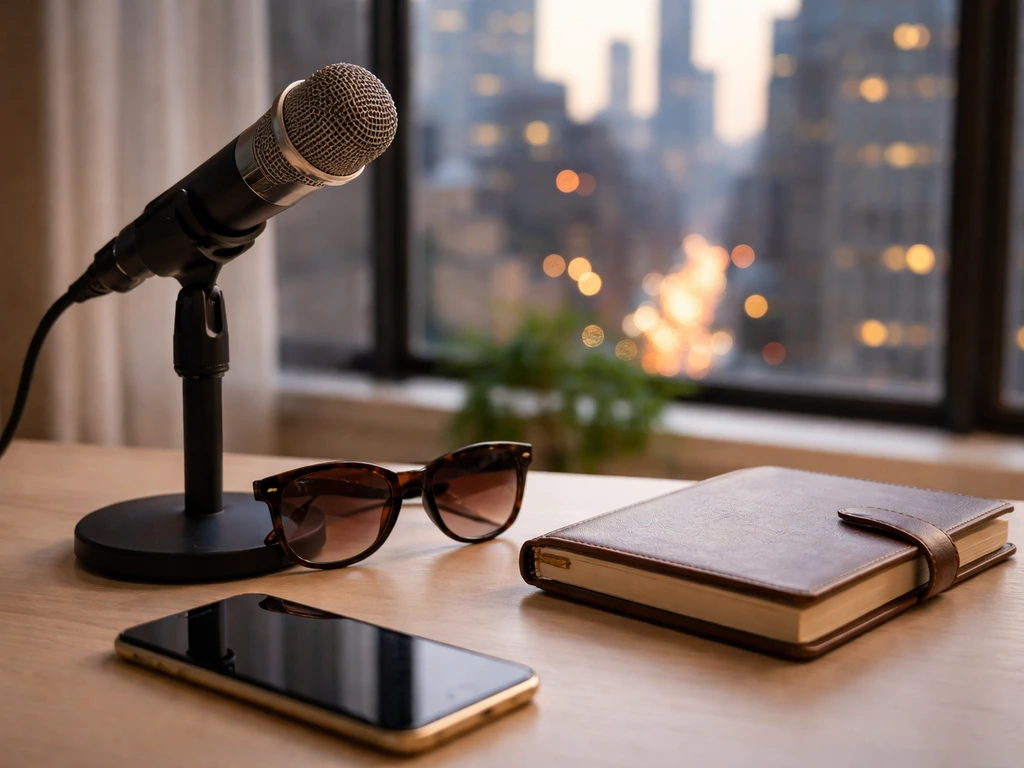 Luxury media studio desk with microphone and NYC skyline bokeh, symbolizing reality-TV fame and lifestyle.