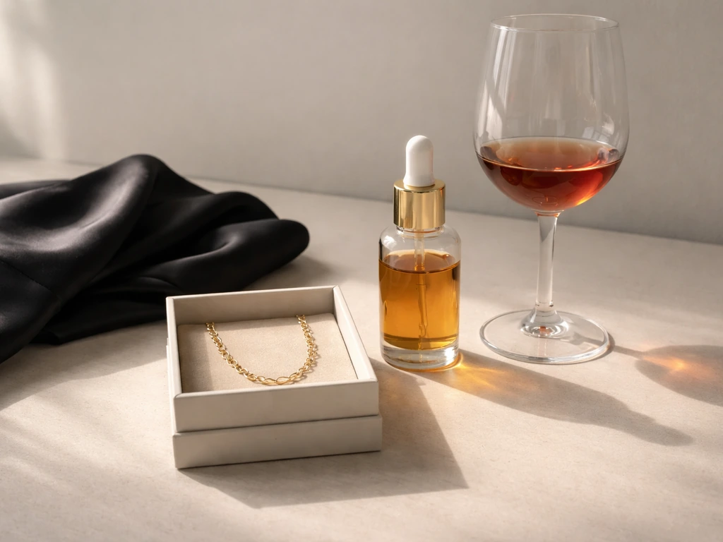 Minimal luxury still life: jewelry, skincare bottle, and wine glass on a neutral tabletop.