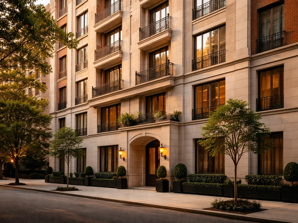 Upper East Side Manhattan condo building facade with classic brownstones and tall windows