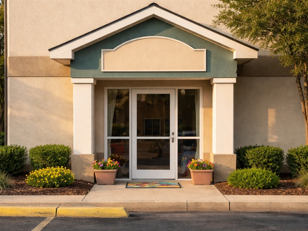 Exterior entrance of a Georgia childcare center with a blank signboard, no people, simple facade.