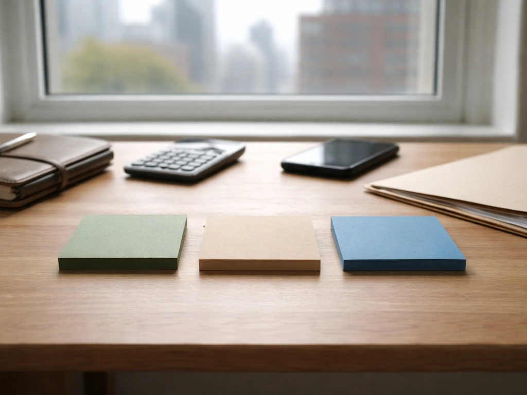 Minimal desk scene with three blank colored notes, calculator, and phone suggesting a net-worth range.