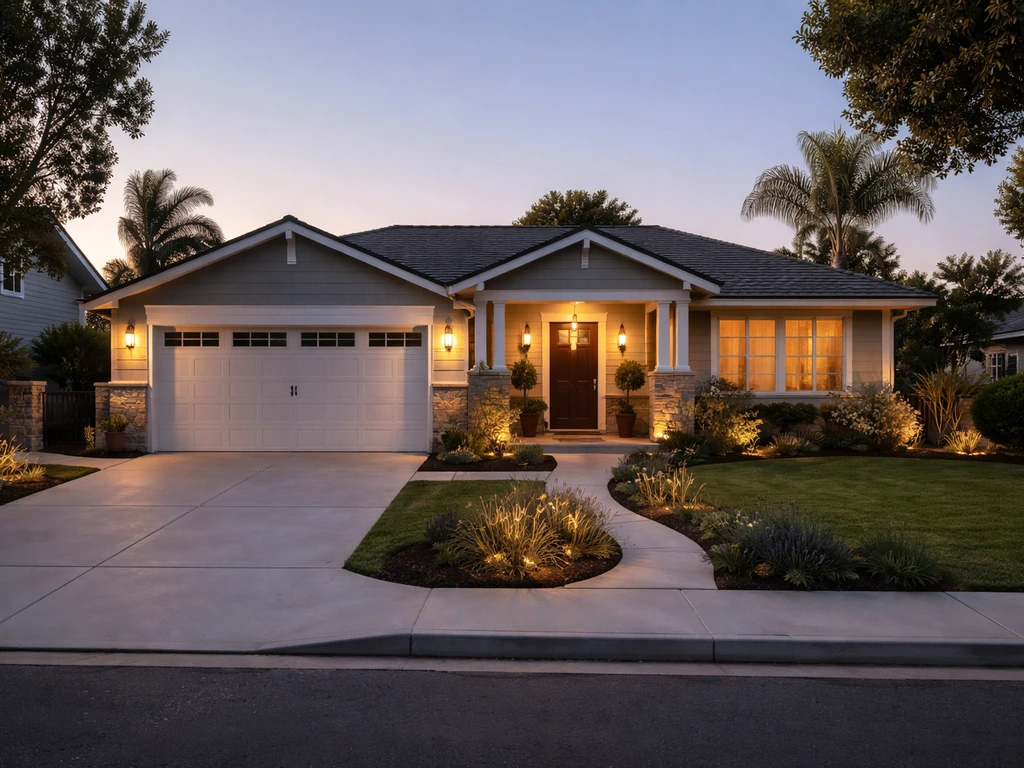 Orange County suburban house exterior at dusk with warm lights, quiet street, minimal lifestyle signal vibe.