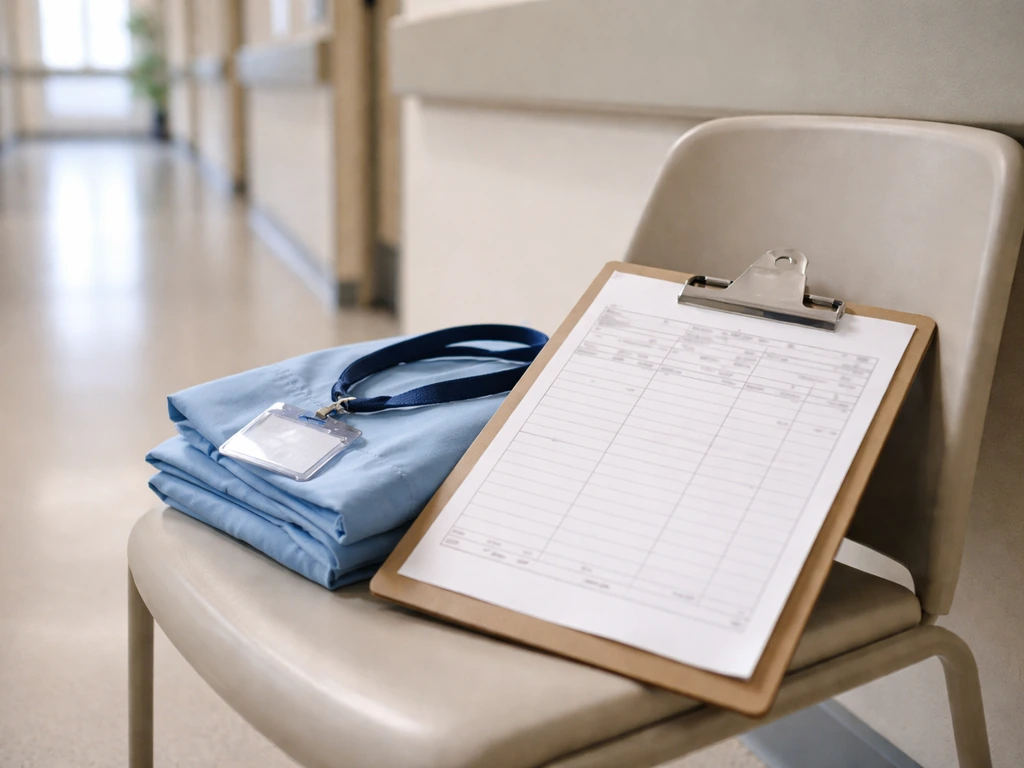 Folded nursing scrubs and a blank clipboard/paystub-style template in a hospital hallway, no readable text.