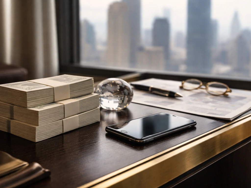 Close-up of a luxury desk with blank cash bundles and a phone, city skyline softly blurred behind.
