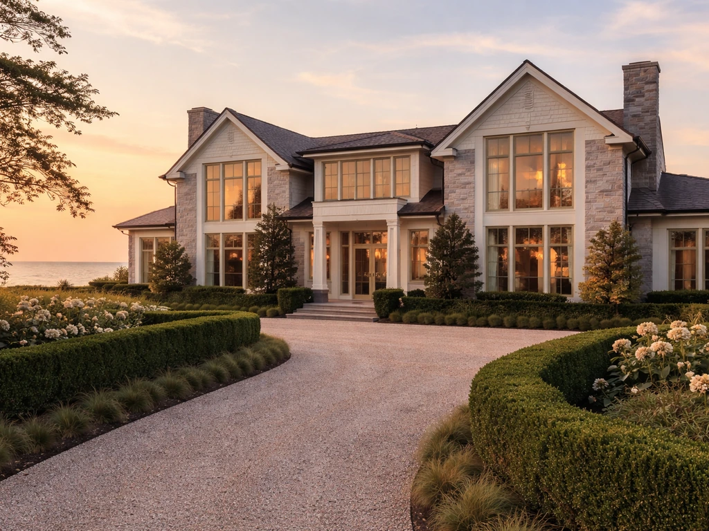 Luxurious Bridgehampton waterfront home exterior with manicured hedges and driveway, no people, golden hour light.