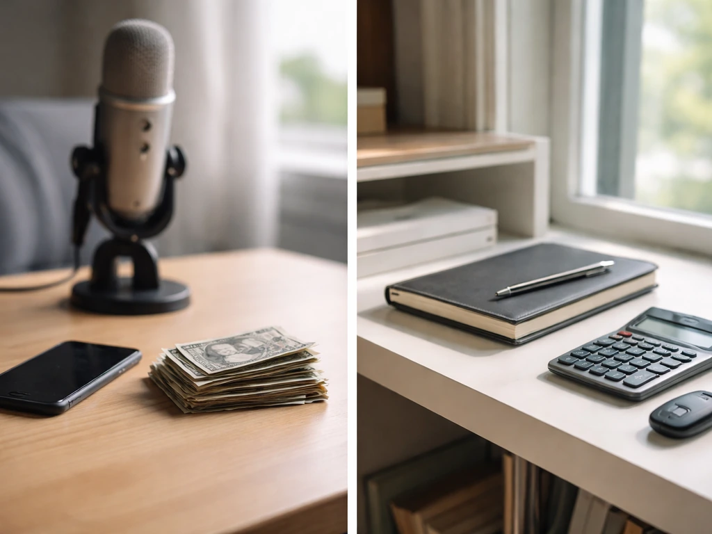 Two side-by-side desk scenes with money and media tools to symbolize differing net worth assumptions.
