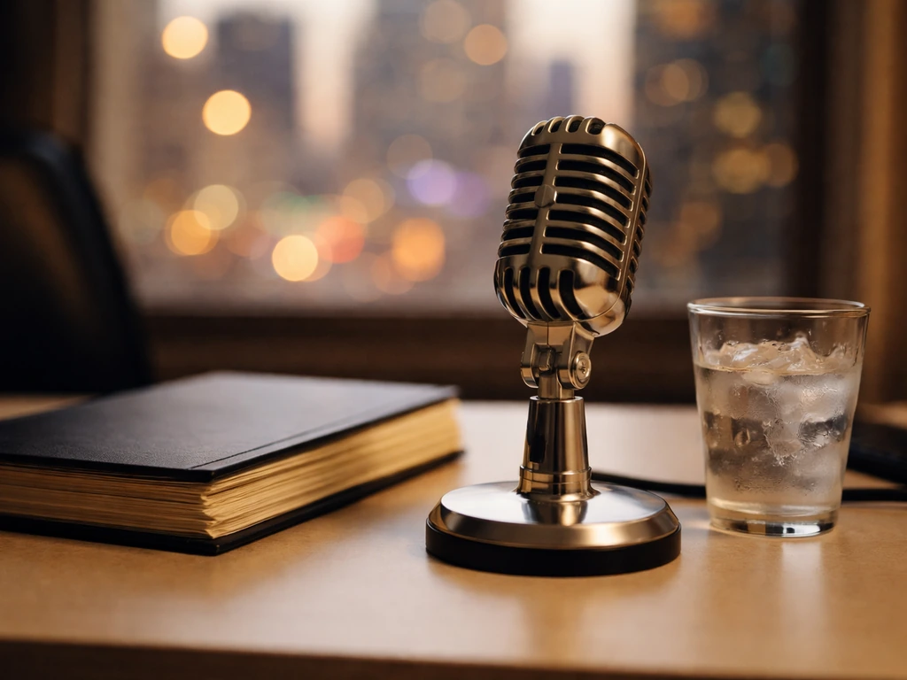 Minimal photo of a vintage recording microphone on a desk, symbolizing TV fame and media identity