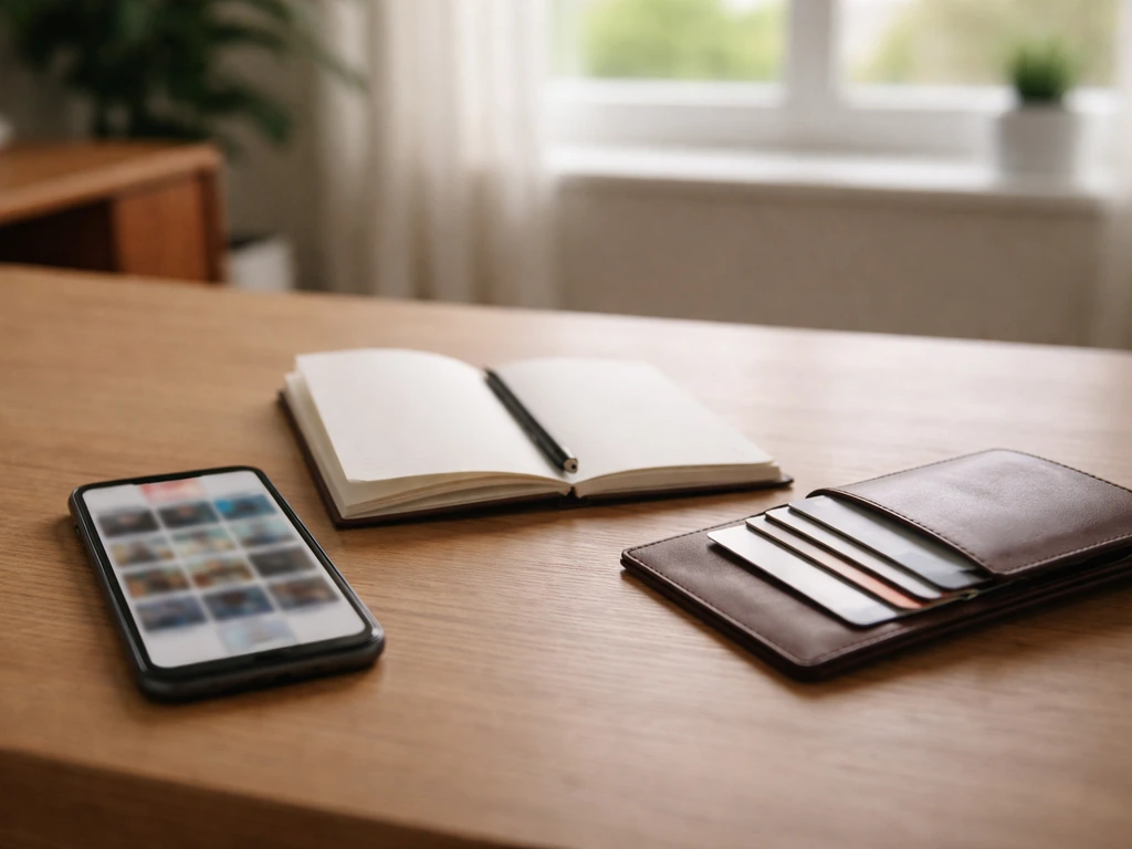 Minimal desk scene with smartphone and blank notebook symbolizing public-source inputs for net worth calculation.