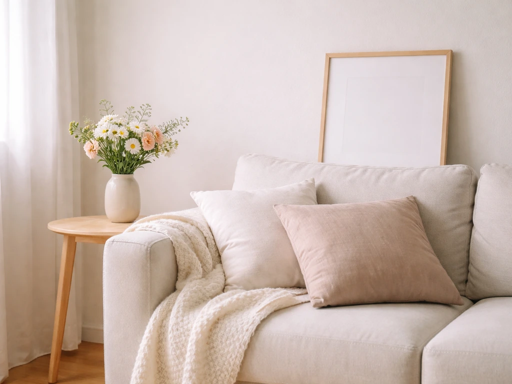 Minimal photo of a cozy living room with a simple decorative frame suggesting “housewife” context