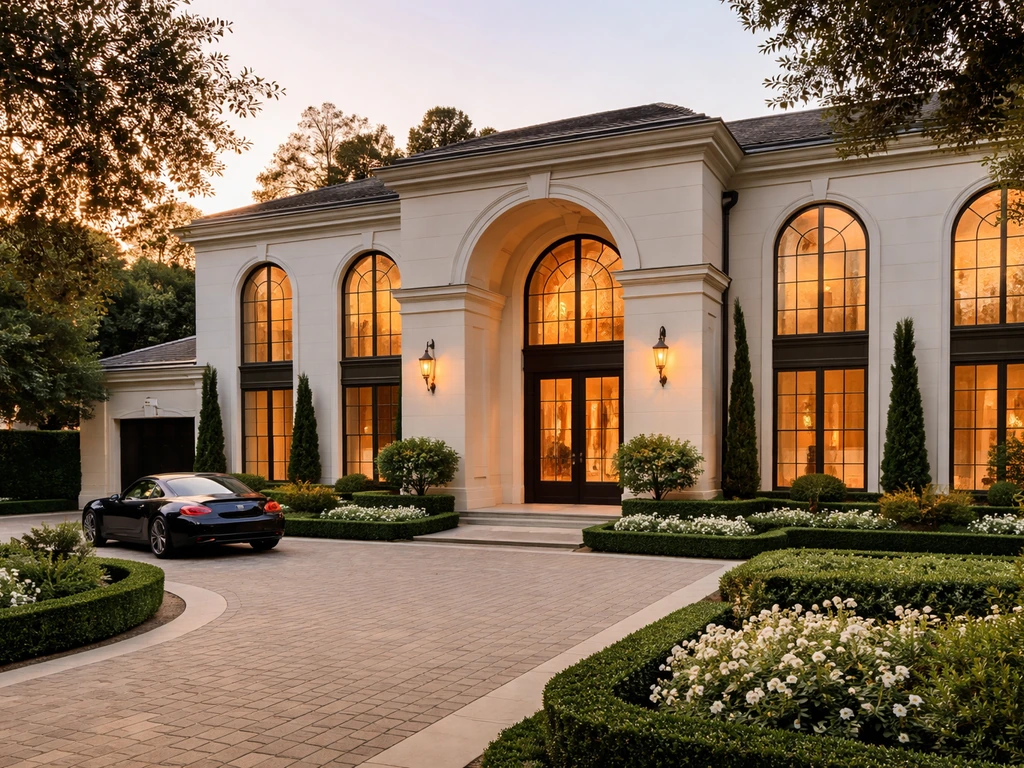Sunlit modern Bel-Air-style home exterior with an elegant driveway and subtle business vibe