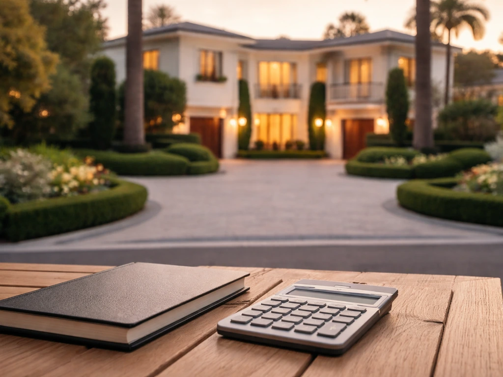 Luxury mansion exterior with a calculator and notebook on a table, suggesting real-estate estimate building.
