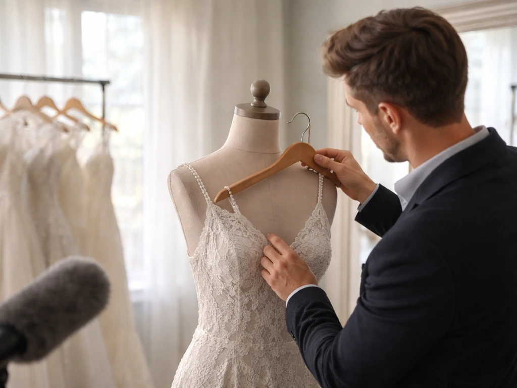 Anonymous fashion stylist adjusts a wedding dress on a studio set with a TV microphone nearby