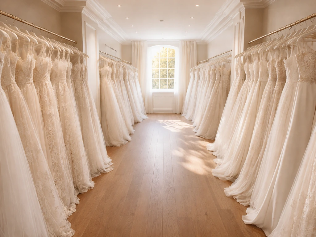 Inside a Kleinfeld Bridal showroom with elegant white gowns on racks and warm natural light