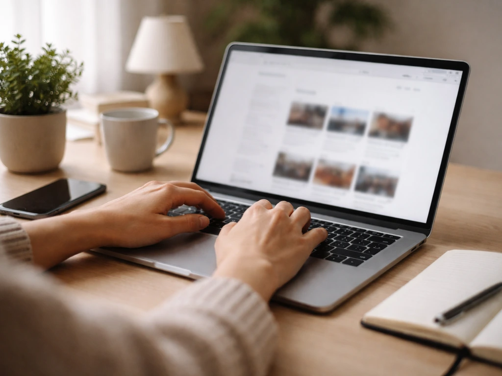 Minimal office desk scene with laptop open to a generic entertainment-brand webpage, suggesting verification