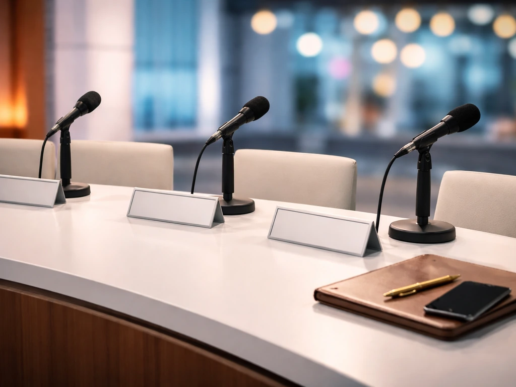 Empty talk-show studio desk with microphones and a luxury portfolio, hinting at cast earnings discussions.