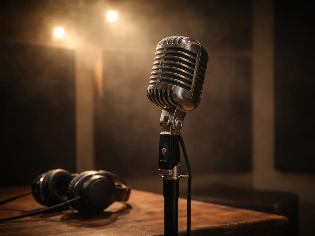 Vintage music-industry themed scene: warm stage lights on a classic microphone in a quiet recording studio.