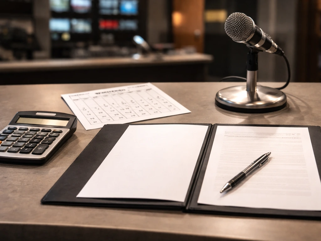 Desk with an open blank contract folder, dated calendar page, calculator, and a microphone base in a studio.