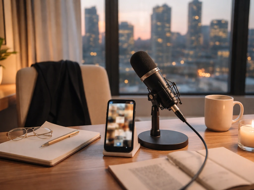 Anonymous media workspace with a studio microphone and smartphone, hinting at reality TV identity.