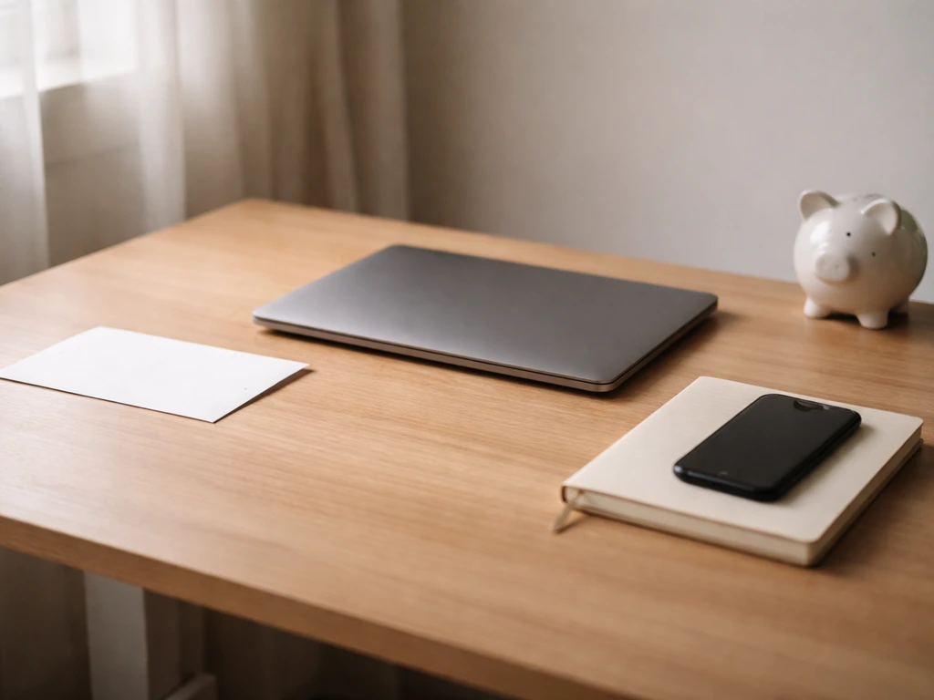 Minimal home office desk with envelope, dark laptop, notebook, phone, and a small coin bank implying income streams.