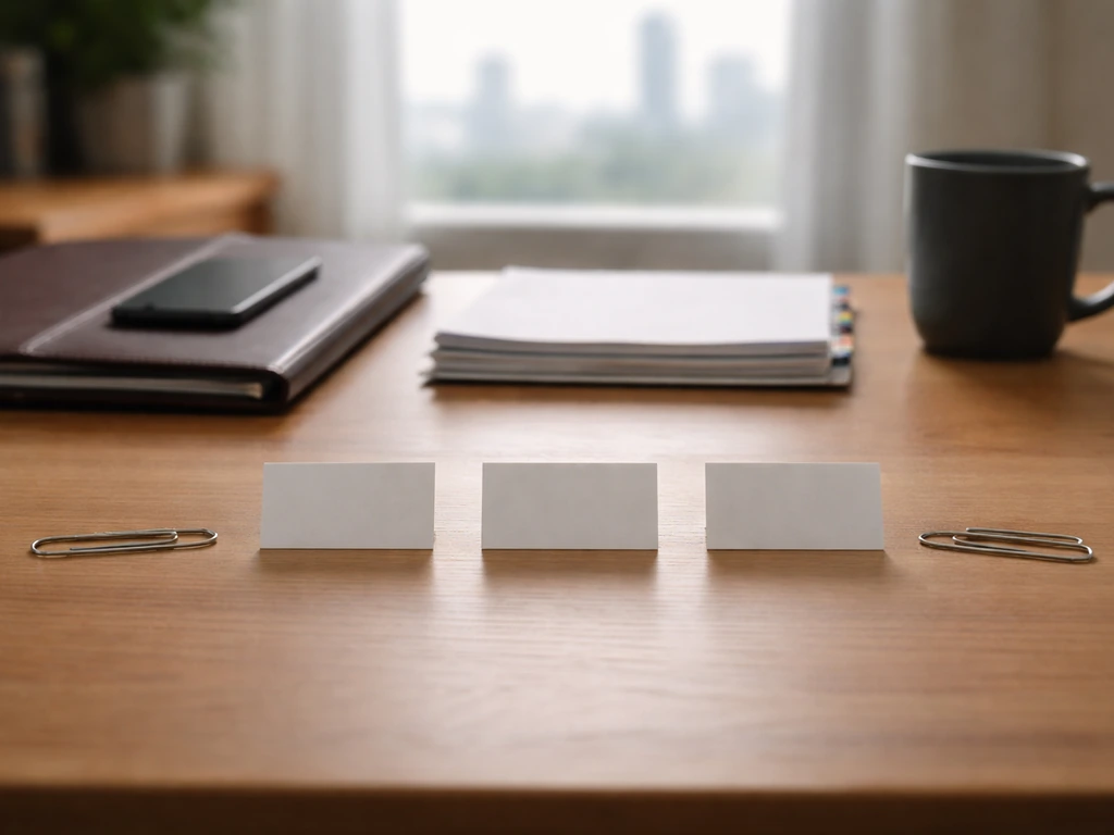 Minimal office desk with documents and milestone cards symbolizing a net worth range timeline.