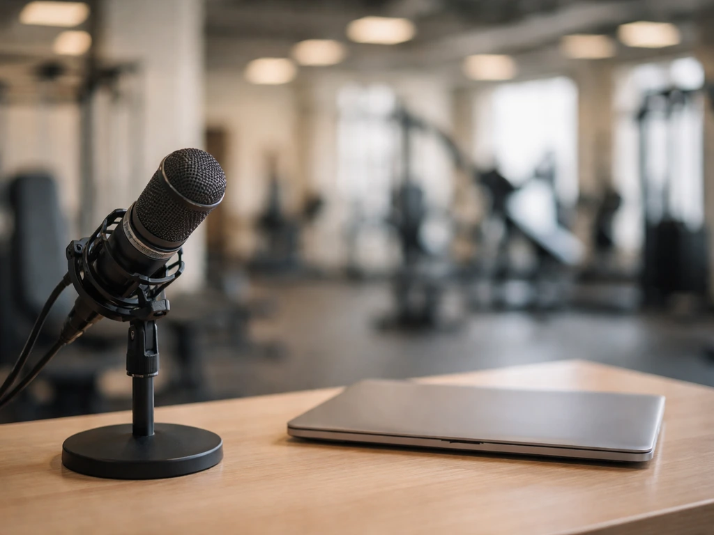 Close-up of a microphone on a studio desk with a laptop and fitness-themed gym background, symbolizing a TV personality.