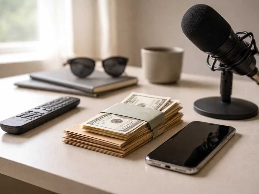 Anonymous desk with smartphone, remote, cash envelopes, and a studio microphone in natural light.