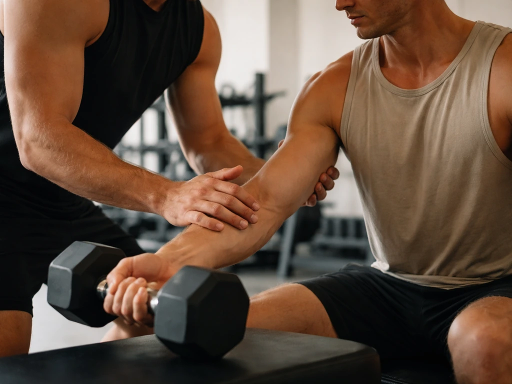 Personal training scene with gym equipment and a coach demonstrating form in soft natural light