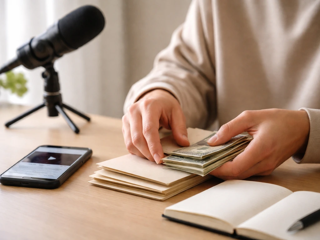 Anonymous hands sorting cash and envelopes beside a phone and studio microphone, implying income verification.