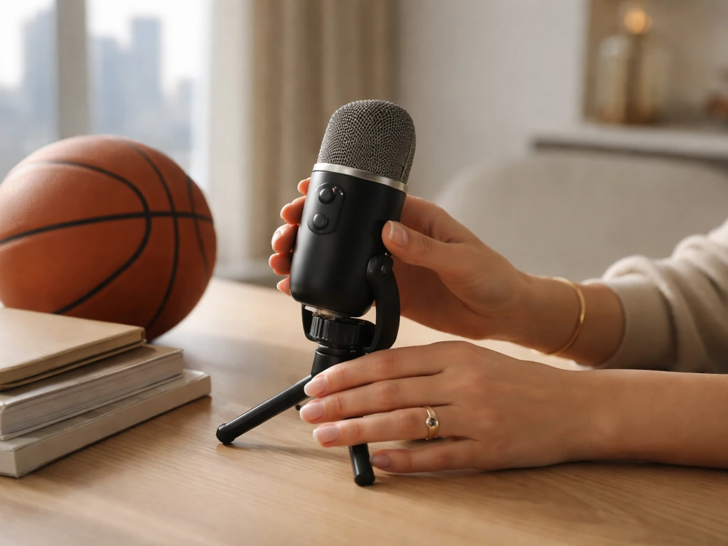 Basketball-themed entrepreneur workspace with a microphone, hinting at reality TV and net worth analysis