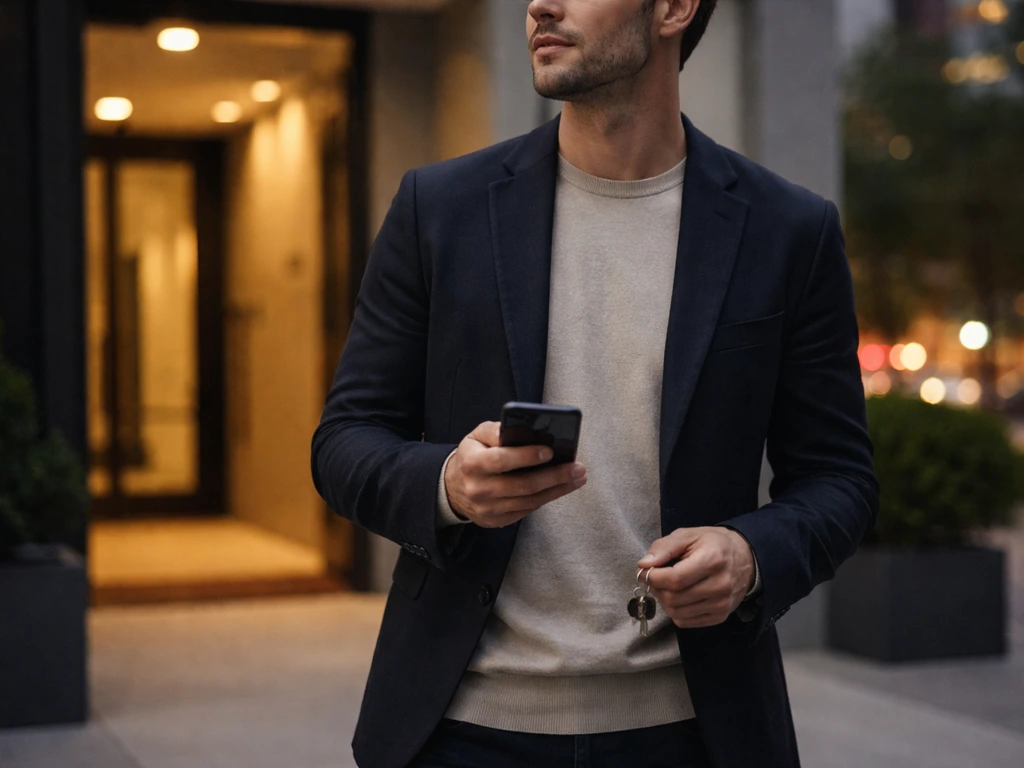 Anonymous man holding keys and phone outside an upscale building at dusk, hinting at a reality-TV connection.
