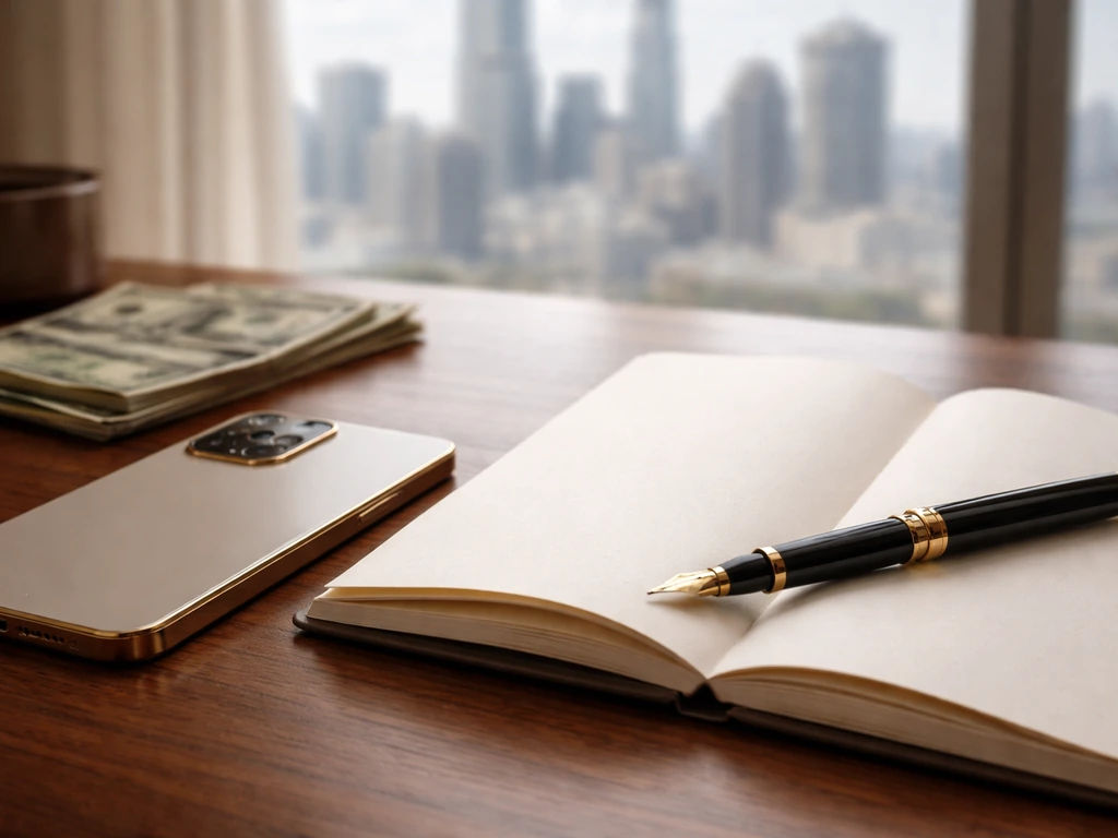 Luxury desk scene with smartphone, gold pen, and a small stack of money, symbolizing an estimated net worth.