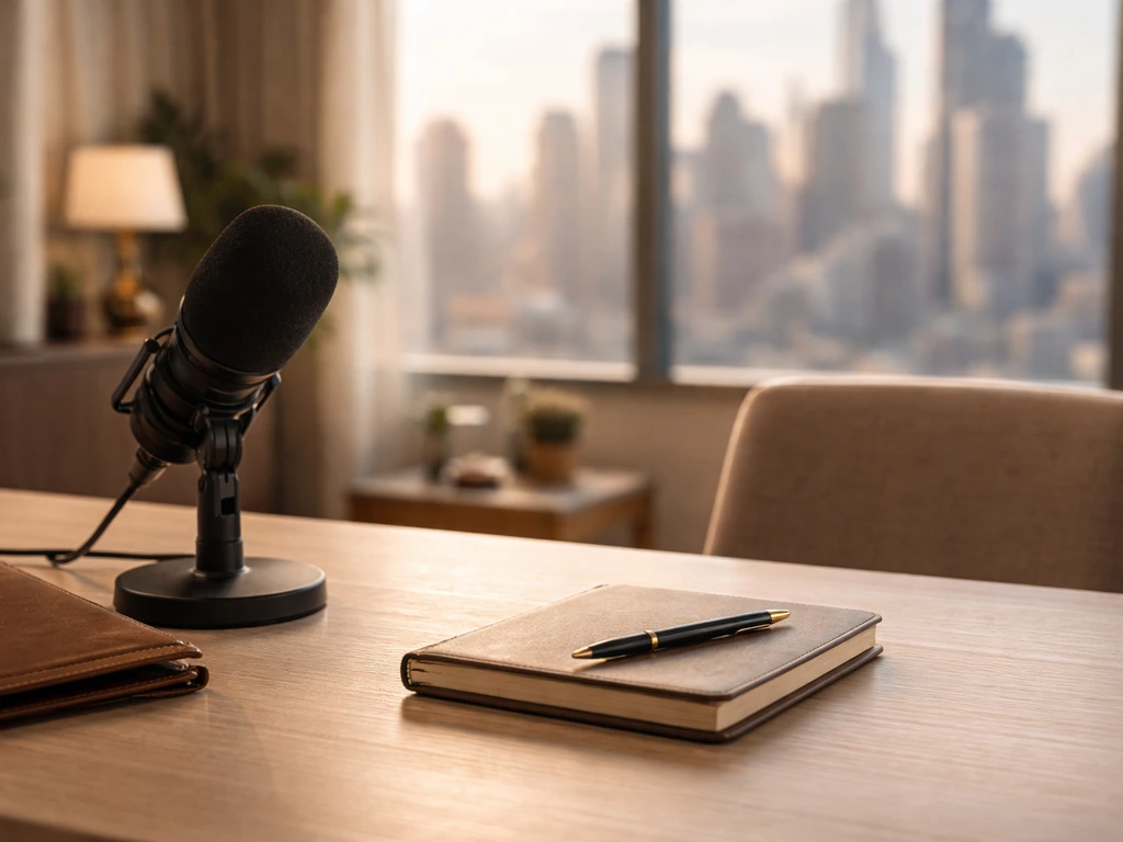 Minimal photo of a luxury business desk with a microphone and city skyline view, symbolizing a TV personality’s wealth