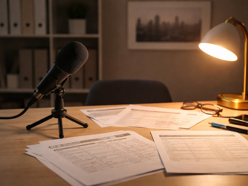 Close-up of a studio microphone on a desk with softly blurred office items, symbolizing reality TV media.