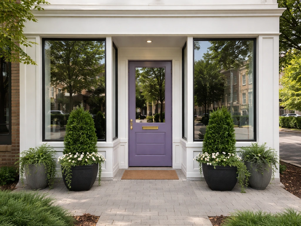 Street-level photo of a salon storefront with a prominent purple door and entrance walkway.
