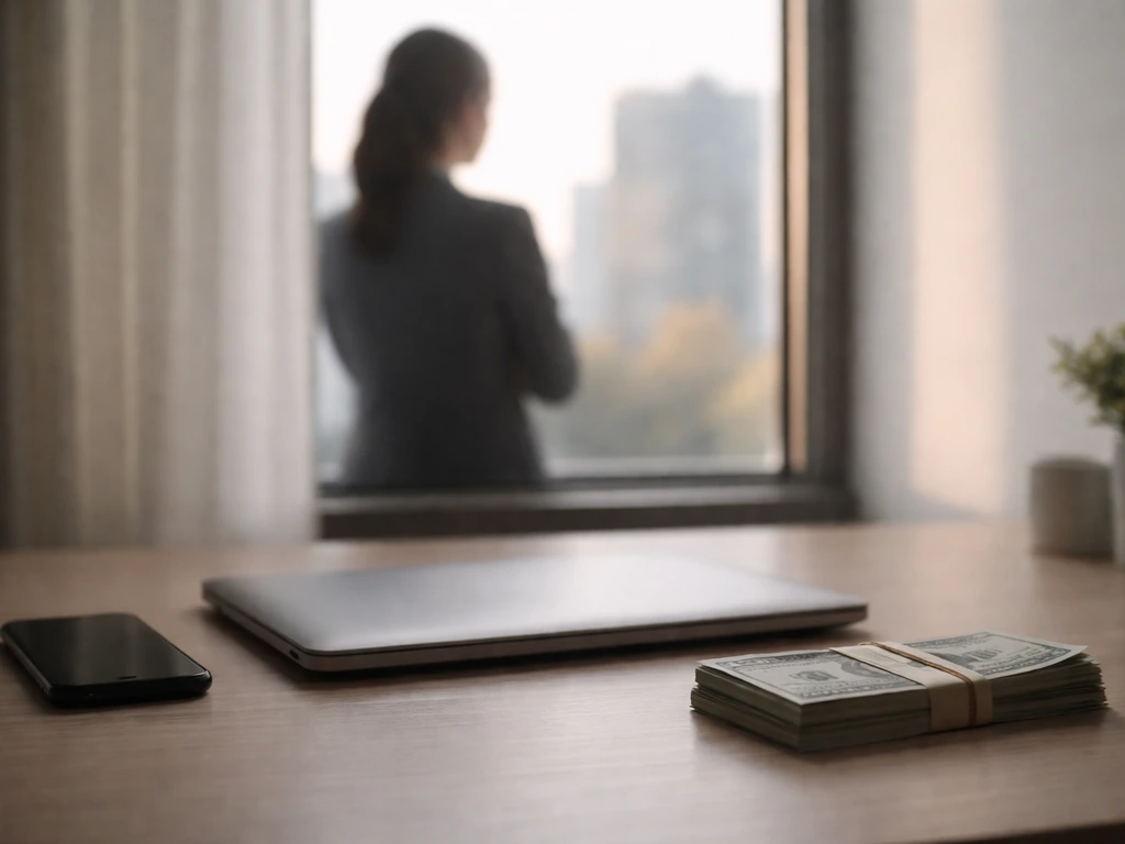 Minimal desk scene with bundled cash and a laptop, symbolizing a net worth estimate.