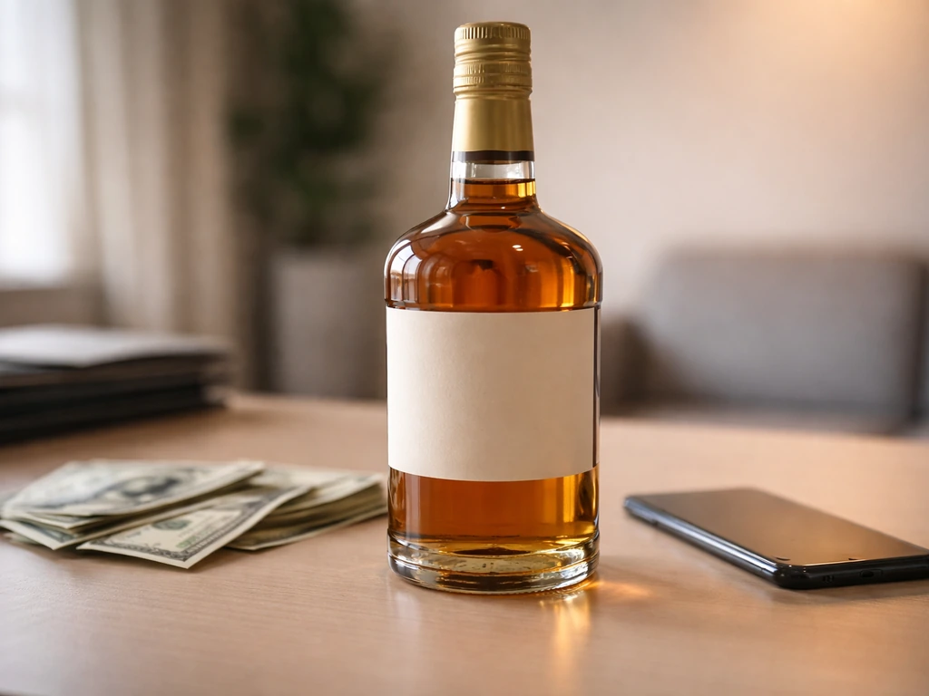 Close-up of a stylish amber liquor bottle with a minimalist label, set on a clean desk near money and a phone