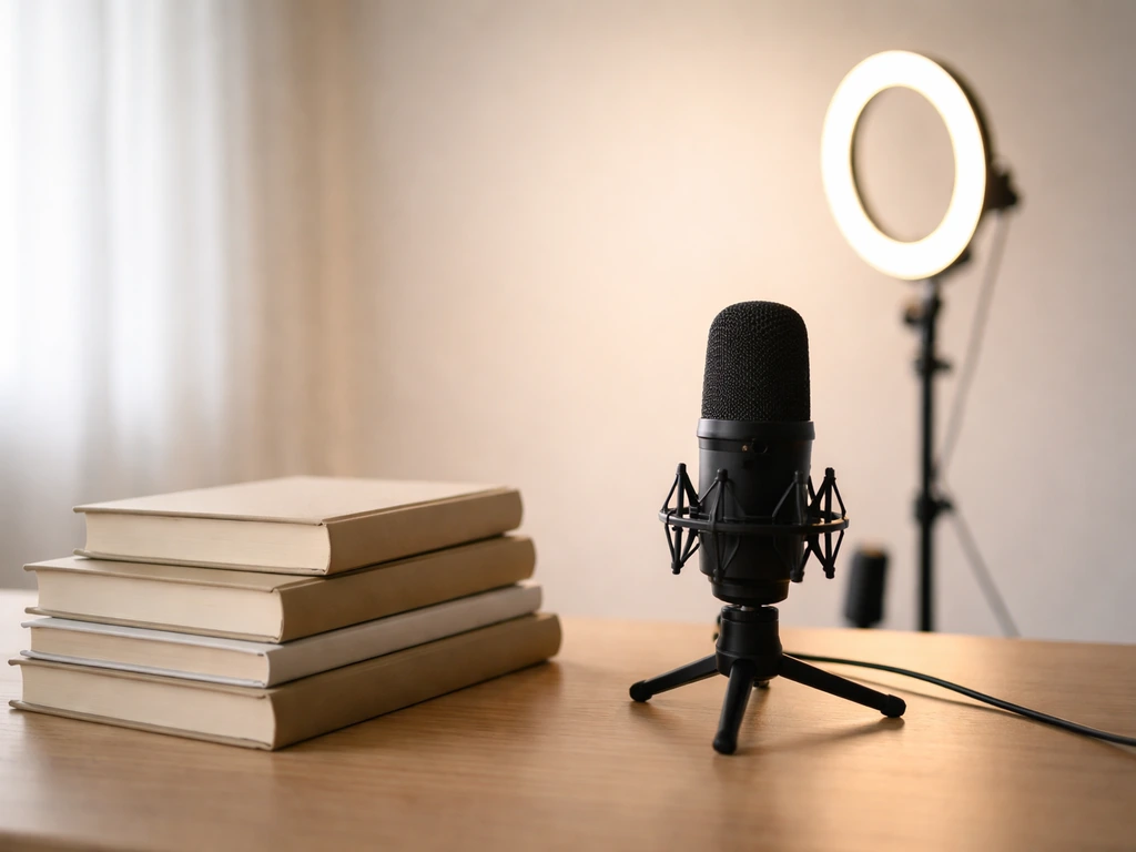 Stack of hardcover books and a black studio microphone on a clean desk with soft studio lighting.