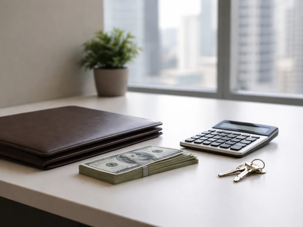 Minimal office scene with scattered cash and a closed folder, symbolizing net worth success