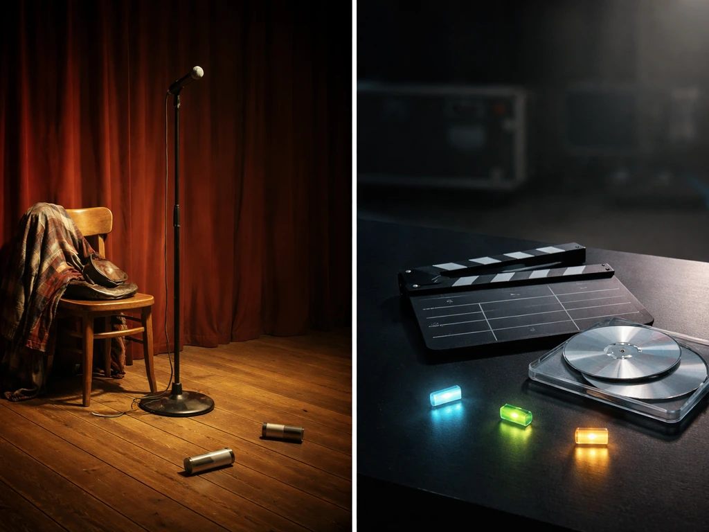 Minimal split-screen style image contrasting anonymous TV comedy stage props with movie/TV icons