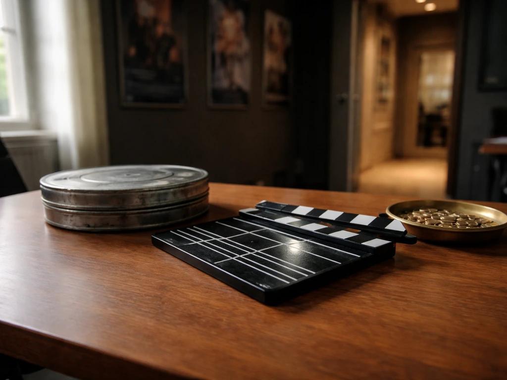 Minimal film studio desk with a film reel and clapboard, symbolizing post-SNL media franchise wealth.