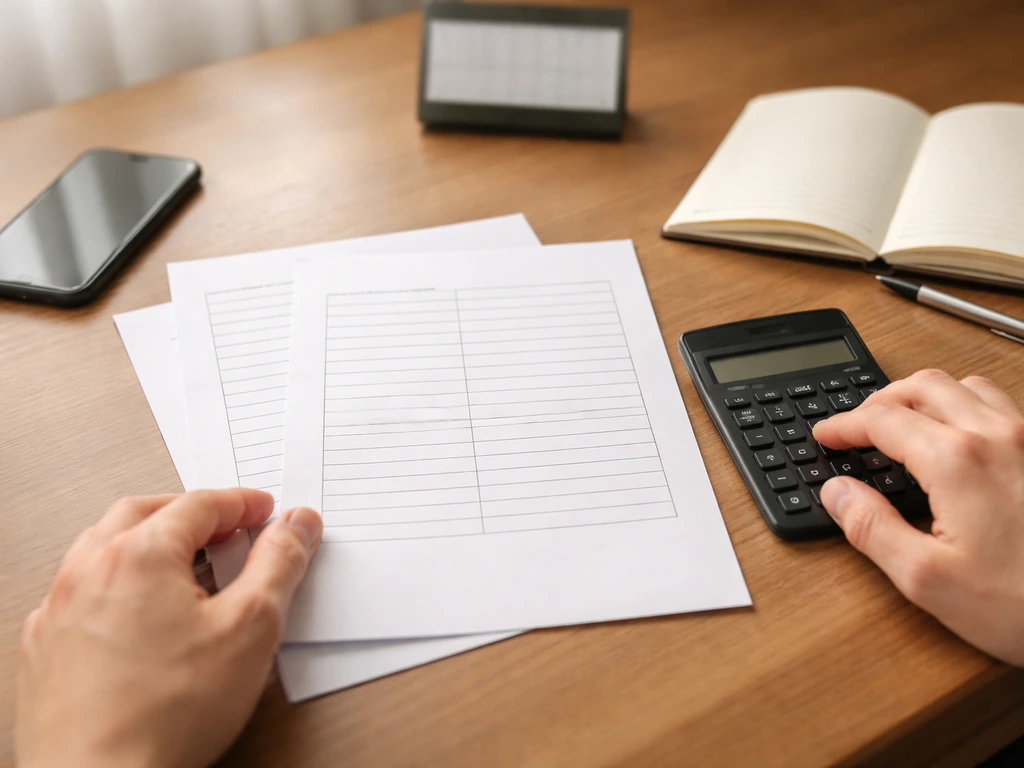 Hands-on desk with calculator and blank documents suggesting a net-worth sanity check and correction.