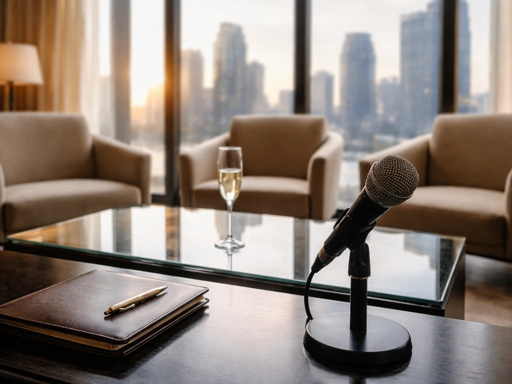 Empty upscale lounge with microphone and planner, luxury city view—symbolic of media and money.