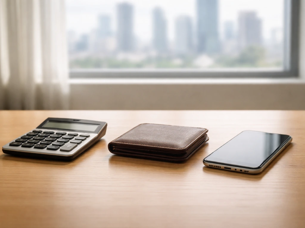 Minimal office scene with a calculator, wallet, and smartphone beside a blurred city view for net worth estimates